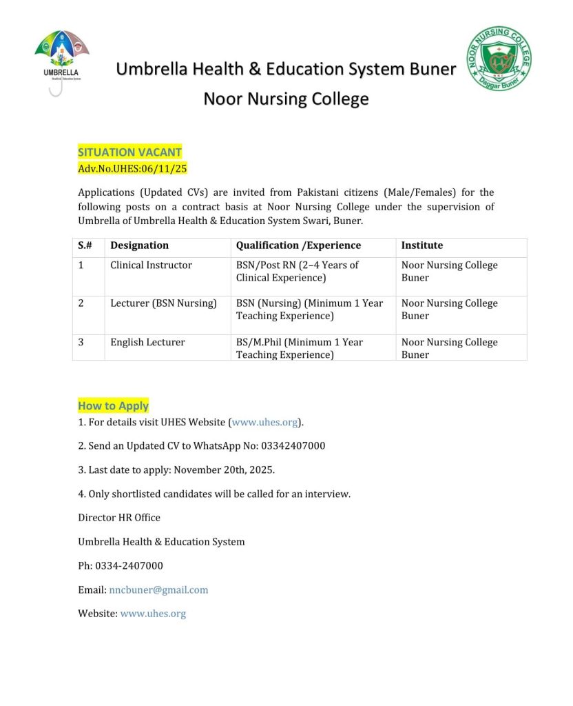 Career Opportunities at Noor Nursing College, Buner
